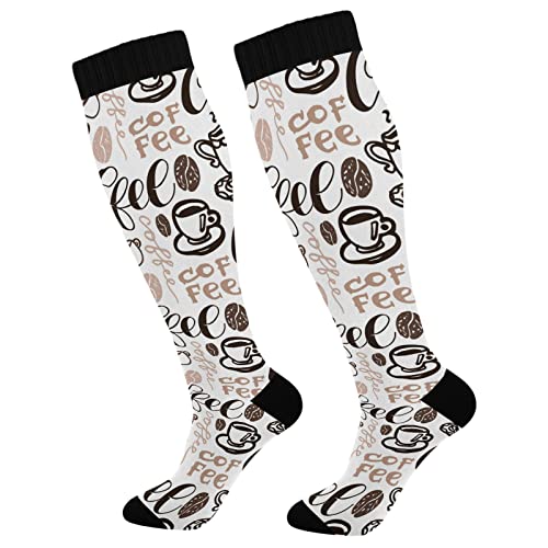 Wusikd Coffee Cup Compression Socks for Women and Men Circulation White Long Socks for Athletic Running 1