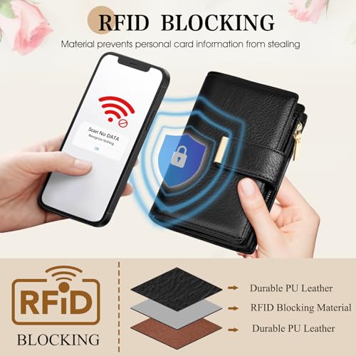 BKNOOU Small Wallets for Women RFID Blocking Leather Wristlet Wallet Ladies Wallet Card Holder Compact Bifold Wallet with Coin Pocket (Black)4