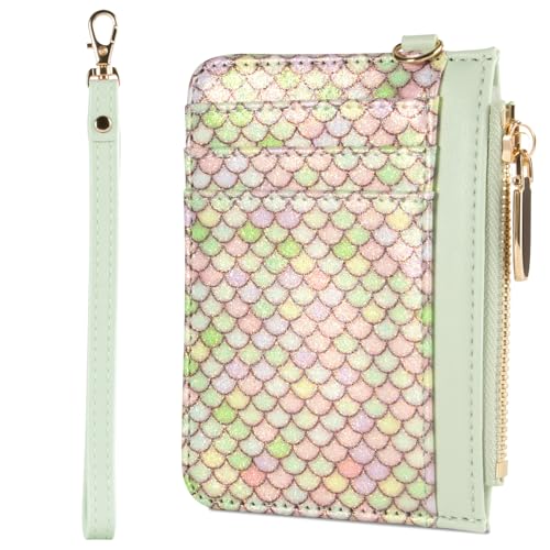 Small Wallet Mermaid RFID Protected Leather Credit Card Holder Slim Wristlet Strap Wallet with Zipper Pocket, Card Organizer for Women Girls(Light Green)