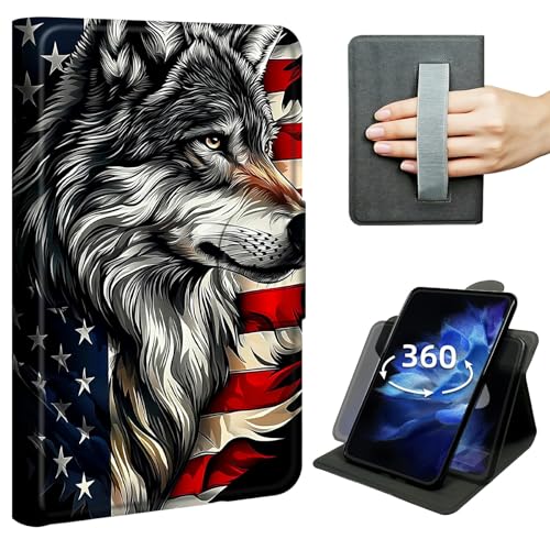 DIGTIALL Case for Kindle Fire HD 8 & 8 Plus Tablet (12th & 10th,2024/2022/2020), 360° Rotating Stand Cover with Hand Strap, Shockproof Protective Folio with Auto Sleep/Wake,Wolf American Flag
