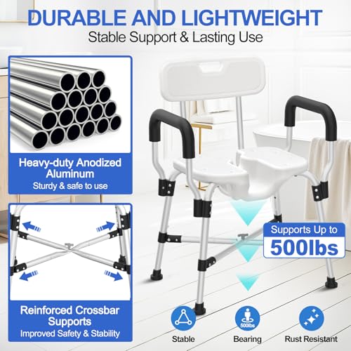 UGarden U-Shaped Shower Chair with Padded Armrests & Back, 500lbs Reinforced Crossbar Shower Seat for Bathtub, Adjustable Height Bath Chair, Anti-Slip Shower Seats for Adults,Elderly,Disabled