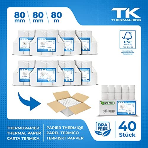 THERMALKING Thermorollen 80mm x 80mm x 12mm [für Bondrucker wie Epson, IBM & co.] - Bonrollen 80x80x12 Thermo - Kassenrollen Thermopapier - Geeignet für Drucksysteme mit Papierbedarf bis 80m (40 Stk)