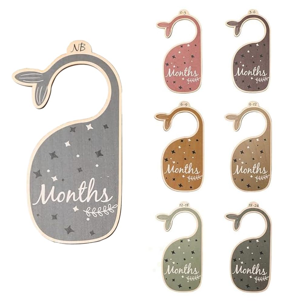 TOMVAES Baby Closet Size Divider Organizer, 7pcs Beautiful Wooden Baby Clothes Size Hanger Dividers Organizer from Newborn to 24 Months for Nursery Closet Organizers Beautiful Decor