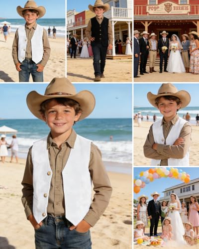 Image of Retro Boys Western Cowboy Vest for Kids Leather Suede Waistcoat | vintage dress vests, welt pockets, v-neck, adjustable waist, formal slim fit, wedding outfit, farm christmas birthday prom