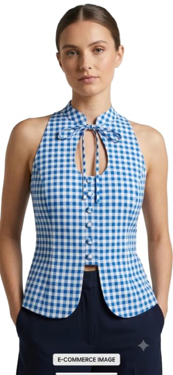 Women's Sleeveless Gingham Tie Neck Top Casual Office Wear Blouse-image-25