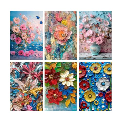 Image of SiddArtify Floral Impasto Painting Set - Pink Blue and Red Flower Art Prints - 300GSM Board - 8x12 Inch - Pack of 6 Wall Room Decoration art Poster Prints