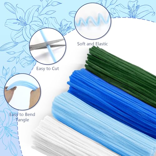 Image of 400 Pcs Pipe Cleaners Craft, 4 Assorted Colors Pipe Cleaners Bulk | Chenille Stems for DIY Flower Making Kit with Floral Wires, Gardening Tape,Stamen& Ribbon (Blue)