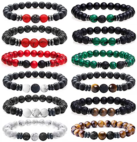 MOZAKA 12Pcs 8mm Lava Rock Matte Stone Beaded Bracelet for Men Women Stretch Elastic Tiger Eye Yoga Healing Anxiety Bracelet Aromatherapy Essential Oil Diffuser Bracelet Set