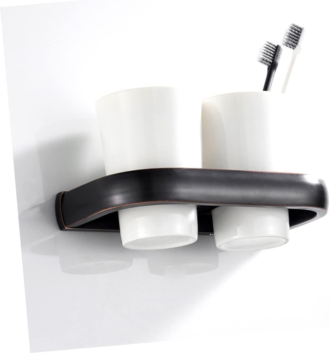 Mobestech Ceramic Double Cup Holder Wall Mounted Toothbrush Organizer Vintage Antique Copper Finish for Bathroom or Hotel Heavy Duty Tumbler Rack Easy Installation