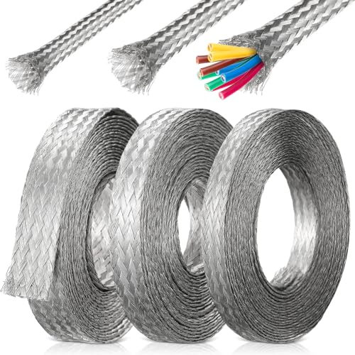 LEIFIDE 3 Rolls Tinned Copper Braid Cable Shielding Sleeve Flexible Metal Flat Mesh Ground Straps Expandable Cable Wire Sheathing (1/4in 5/16in 1/2in Wide-29.53ft in Total)