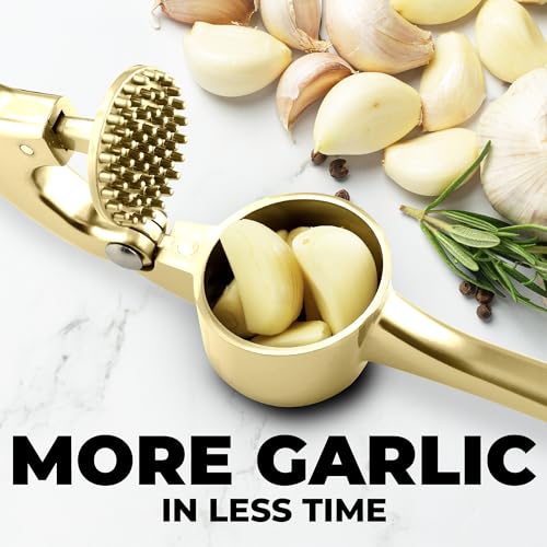 Image of Zulay Kitchen Large Premium Garlic Press Set - Bigger Bowl for Bigger Garlic - Rust Proof Garlic Mincer Tool - Easy-Squeeze, Easy-Clean Silicone Garlic Peeler & Brush (Gold)