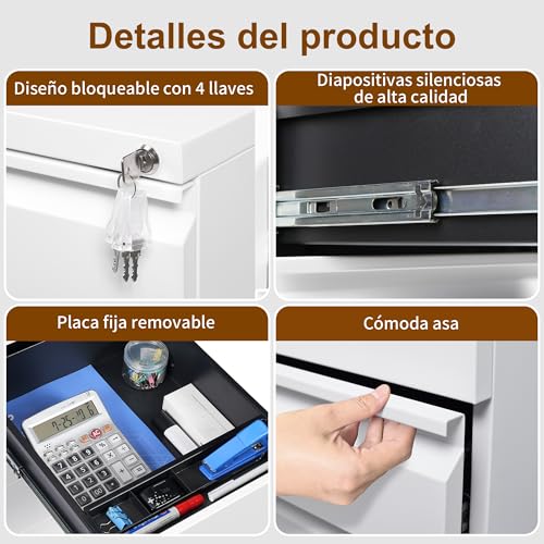 HOMSTEEL Cajonera móvil, Archivador Metálico con Cerradura, 4 Llaves, 4 Cajones, Premontado, para Oficina, Oficina en Casa, Blanco - imagen 4