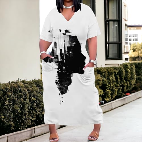 Image of Plus Size Maxi Dress for Women Short Sleeve V Neck Casual Loose Sundress with Pockets