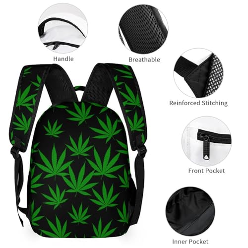 Green Weed Printed Backpack with Lunch Box Bag Pencil Case Pouch 3pcs Daypack Set for Women Men3