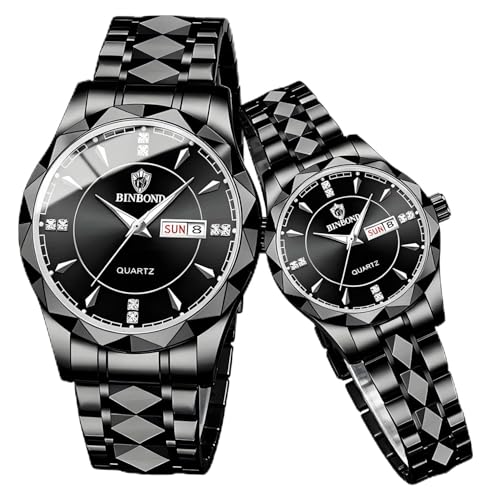 dayutech 2PCS Valentines Couple Pair Watches Men and Women Luminous Calendar Waterproof Gold Silver Stainless Steel Blue Face his and Hers Watches Set Lovers Set Wedding (Black)