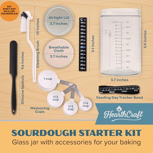 Image of Sourdough Starter Jar Kit 34oz - Wide Mouth Glass Jar with Thermometer Strip, Feeding Day Tracker, Silicone Spatula, Cloth Cover, Measuring Cups & Metal Lid for Homemade Artisan Sourdough Bread Baking