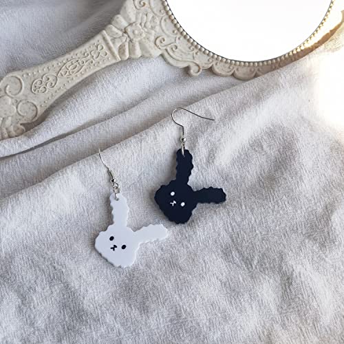 Cute Kawaii Black White Asymmetrical Bunny Rabbit Acrylic Statement Drop Dangle Earrings For Women Girls #TOP4