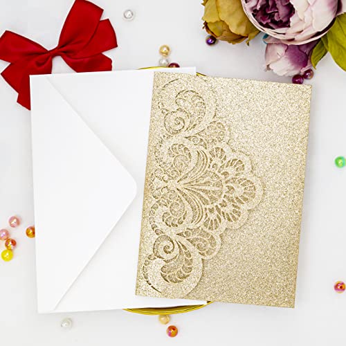 Builcker 20 Pcs Laser Cutting Gold Glitter Invitation Card Greeting Card Graduation Party Wedding Birthday Party Invitations Invitation Pocket With Envelope (Gold Glitter) #TOP7