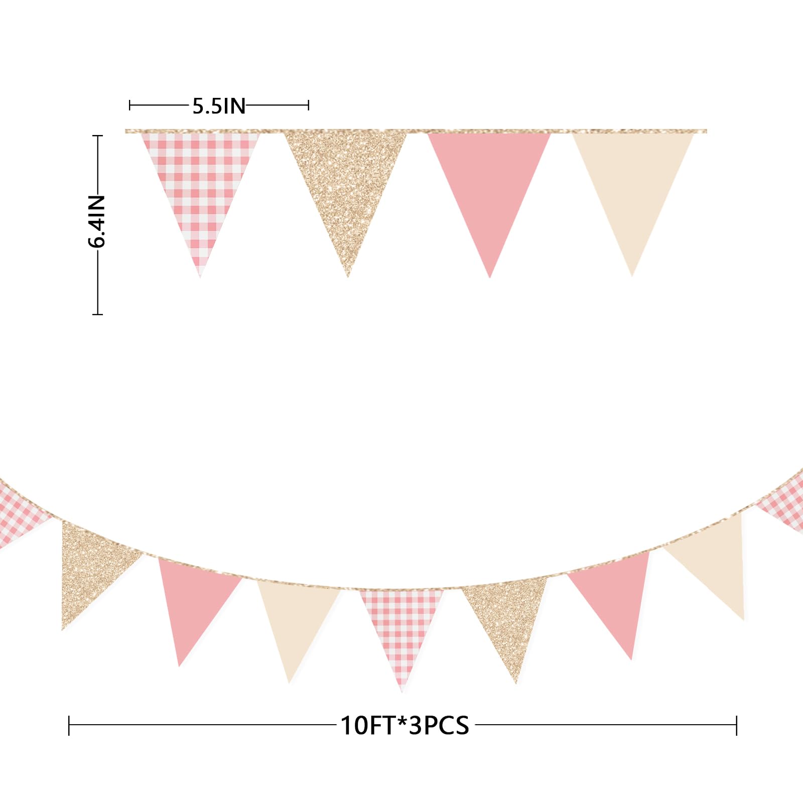 Dusty Rose Pink Buffalo Plaid Champagner Gold Party Dekorationen Wimpel Banner Flagge Hängende Glitzer Papier Dreieck Wimpelkette für Frauen Mädchen Geburtstag Babyparty Hochzeit Brautparty