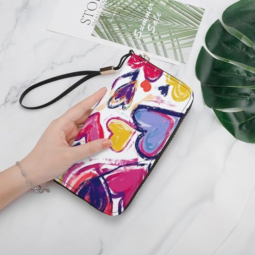 Art Love Heart Pattern Women's Leather Clutch Wallet with Zip Card Holder Hand Strap Large Capacity4