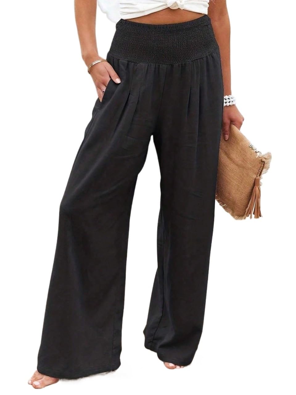 Womens Straight Leg Pant Solid Color Elegant Ruched Wide Leg High Waist Long Pants Trousers with Pockets