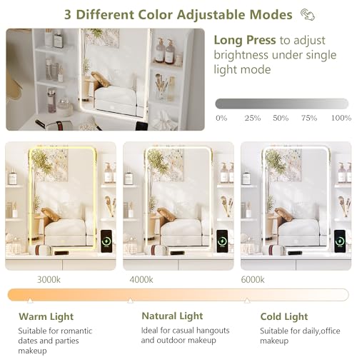 Image of Small Vanity Desk with Mirror and Lights, Makeup Vanity with LED Lights, White Vanity Mirror with Lighted Desk and Chair, 3 Lighting Adjustable Compact Dressing Table with Mirror for Women, Girls