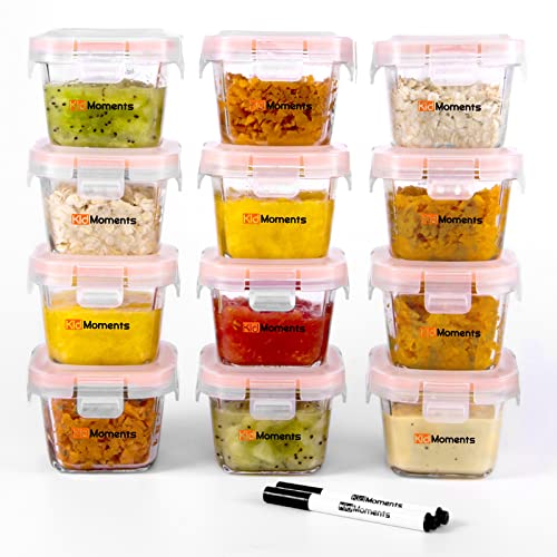 Image of KidMoments 6 oz Set of 12 Glass Baby Food Jars, Glass Containers with Airtight Lids for Toddler, Reusable Leakproof Baby Bullet Jars with Small Size, Oven, Freezer, Microwave & Dishwasher Safe