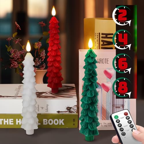 Image of PChero Christmas Tree Candles with Remote Timer, 3 Pack, 9.7 Inches | Real Wax, Flameless, Battery Operated, Window Candles, Taper Candle Sticks, for Xmas Fireplace Holiday Party Home Room Decor
