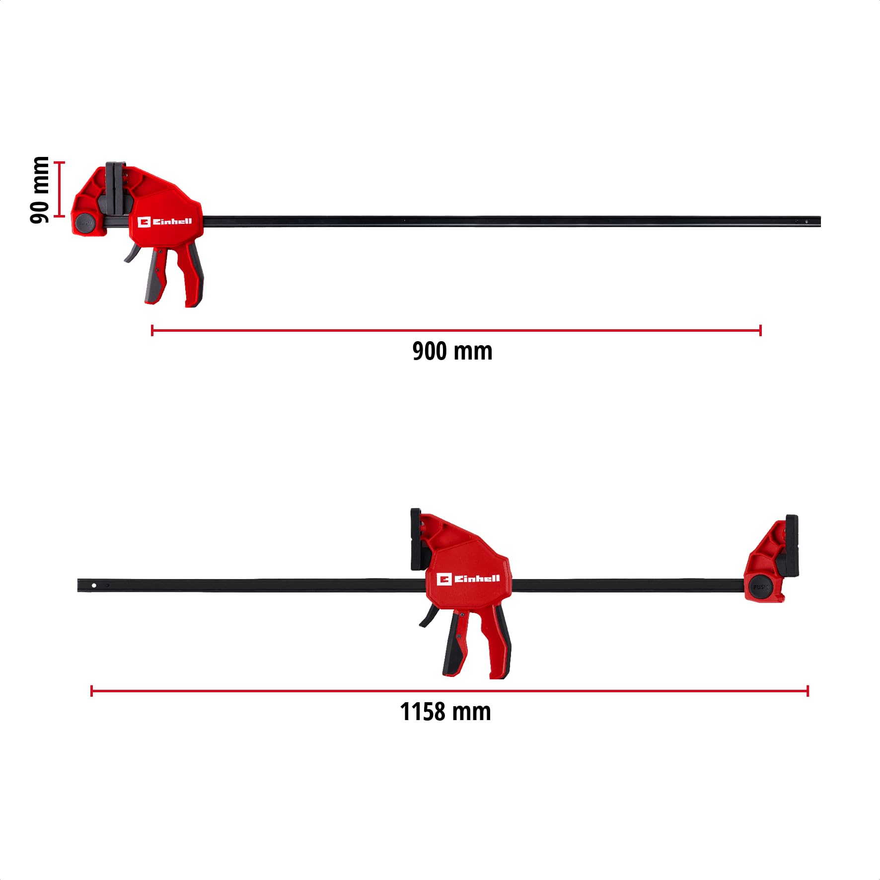 Einhell Set morsetti 2x90cm (Sgancio rapido, apertura 900 mm, forza 150 kg, espansione, profondità, conversione senza attrezzi, impugnatura gommata)