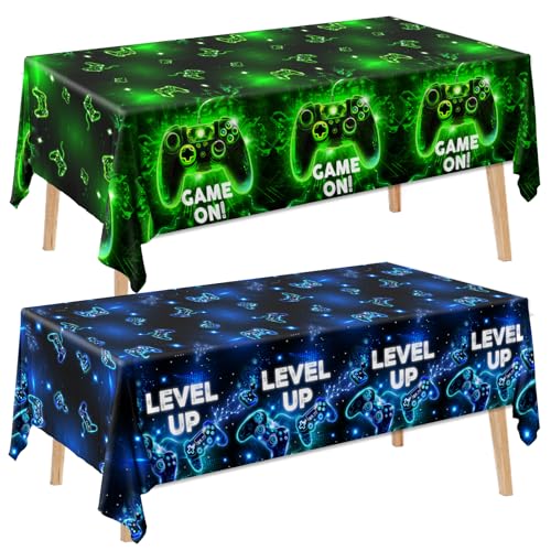 Image of 2Pcs Video Game Tablecloth,Video Game Birthday Party Supplies Neon Gaming Plastic Table Cover Game Level Up Table Decorations for Boys Girls Game Party