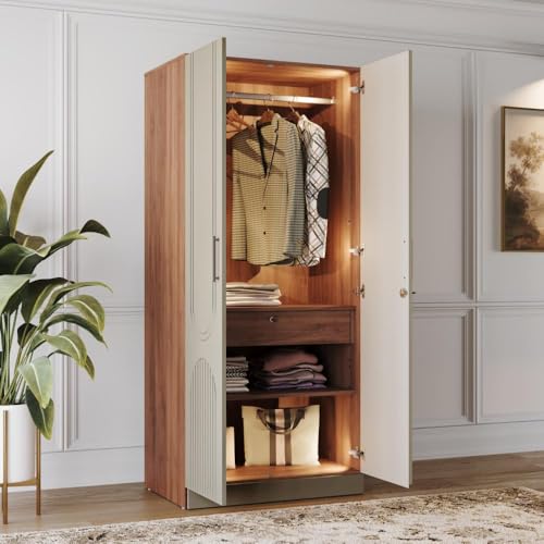 Image of Wakefit Wardrobe for Bedroom | 3 Yr Warranty | Cupboard for Bedroom, Almirah, Wooden Wardrobe, Comes with LED light, Multi-Shelves, Drawer & Hanger, Density:680-750 kg /m, Free Installation(Tyrian-CB)