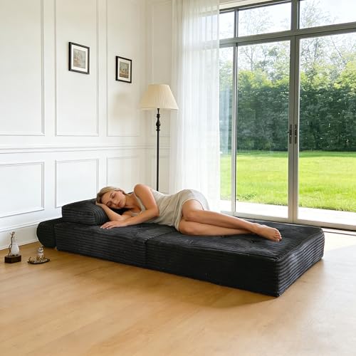 Image of ANONER Sectional Cloud Couches, Folding Sofa Bed with Pillow, Futon Floor Couch, Versatile Convertible Sleeper Chair, Boneless Chaise Lounge, Fold Out Chair Bed for Living Room, Dark Grey