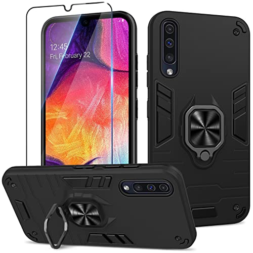 Btstring Hülle kompatibel mit Samsung Galaxy A50 mit Schutzfolie, Militär Standard Stoßfest Handyhülle Hülle Hybrid Metall Ring Halter Schutzhülle Handy Hüllen Cover -Schwarz