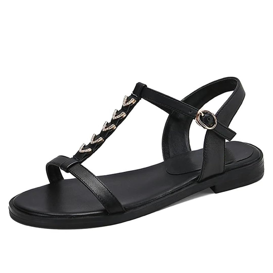 Sandalias redondas de verano para mujer, con correa frontal y trasera, tacón cuadrado, con correa en T, de piel de vaca, con detalles de cristales