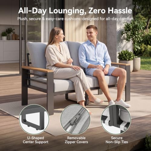 Image of Aoxun Patio Furniture Set, Aluminum Patio Set with Fire Pit Table and 5 inch Thicken & Washable Cushion, Waterproof Outdoor Furniture, Outdoor Couch Sectional for Backyard (4 Seats /F, Grey)