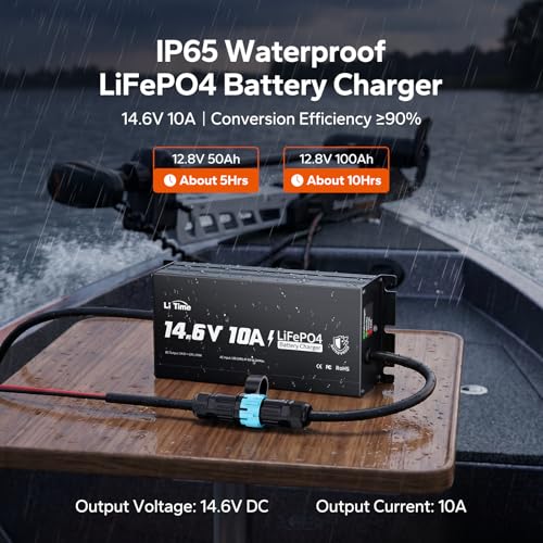Image of LiTime 12V 10A Lithium Battery Charger, IP65 Waterproof, 14.6V Output AC-DC