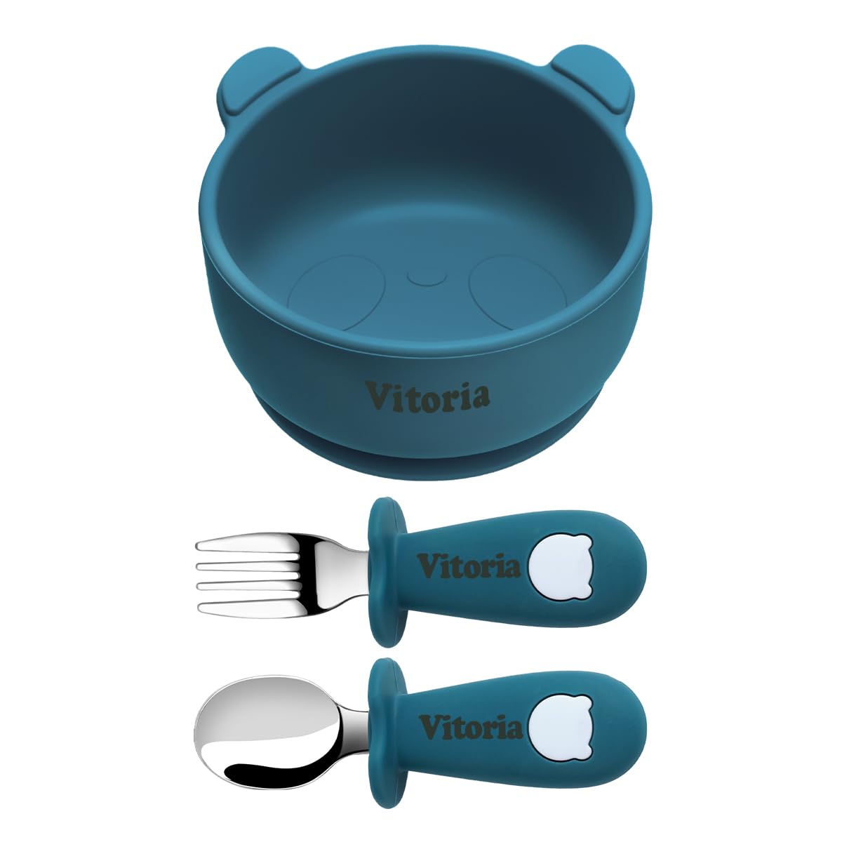 TYRY.HU Personalised Baby Weaning Set,Includes Bowls with Suction,Spoon and Fork Set,Silicone Feeding Set Learn to Use Toddler