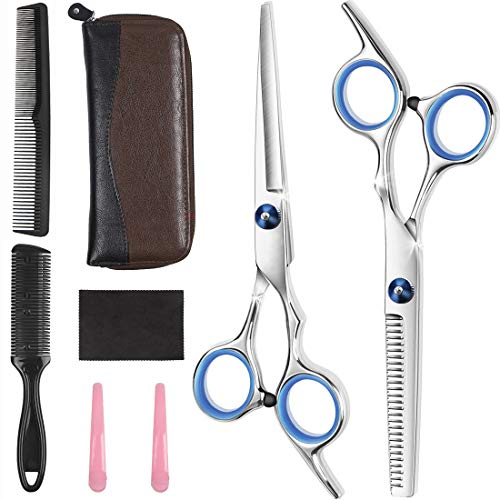 Professional Hair Cutting Scissors Set - Mansso 8Pcs Stainless Steel Hairdressing Scissors Thinning Shears Kit with Hair Razor Comb and Leather Scissors Case, Barber Salon Home Use for Men/Women