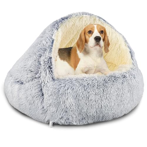 SUOXU Letto per cani con cappuccio, con supporti, cuccia deluxe in peluche per cani di taglia media e gatti sotto i 10 kg, calda e accogliente e morbida in finta pelliccia, fodera rimovibile lavabile