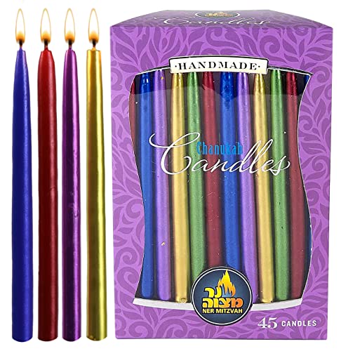 Ner Mitzvah Dripless Chanukah Candles Standard Size, Metallic Multicolored Hanukkah Candles Fits Most Menorahs, Premium Quality Wax for All 8 Nights of Hanukkah - Count 45