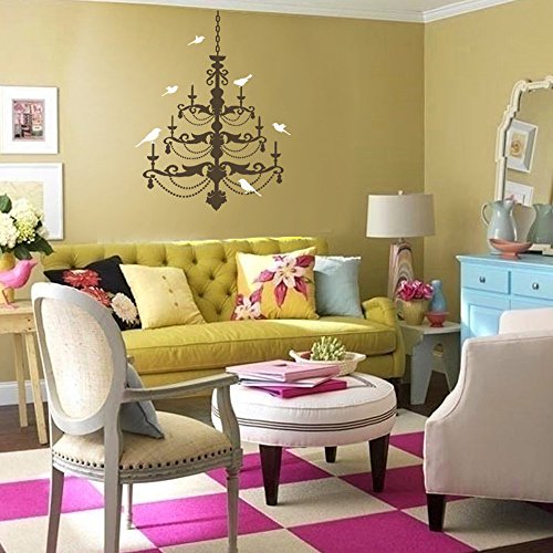 Chic Chandelier with Birds Vinyl Wall Decal Fashion Design D¨¦cor Sticker A (Chandelier:Light Yellow;Birds:Tomato Red)