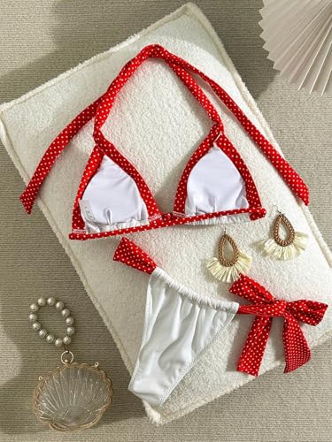 Image of ZAFUL Sexy Bikini Sets for Women Polka Dot Contrast Trim Triangle Bathing Suit Two Piece Halter String Swimsuit