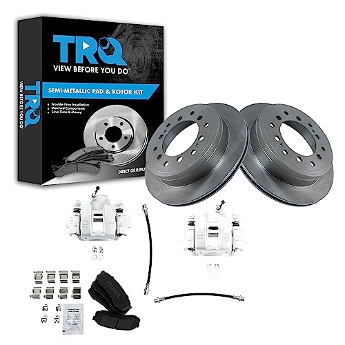 Image of TRQ Rear Brake Pad and Rotor Set Semi Metallic Rotors Calipers Hoses | For 2014 Toyota FJ Cruiser