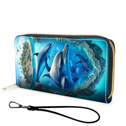 Wallet,Large Capacity RFID Blocking Leather Wallet, Durable Smooth Zipper Clutch,Unisex Travel Wallet for Cards,Cash,and Coins - Dolphin