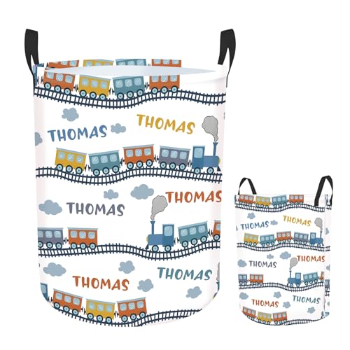 Rucekia Custom Train Laundry Basket for Kids, Personalized Name Baby Dirty Clothes Basket with Handles, Customize Laundry Hamper, Portable