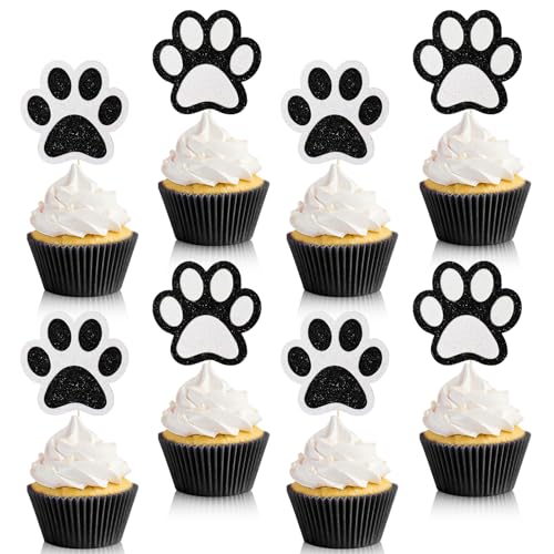 Weecent 36 Pcs Paw Cupcake Toppers Glitter Dog Paw Cake Decorations Black White Glitter Puppy Cupcake Toppers for Baby Shower Boys Girls Birthday Party Cake Supplies (2 Styles)