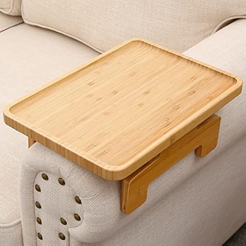 SINWANT Couch Arm Table Tray, Bamboo Sofa Arm Clip on Tray Tables, Arm Rest Table for Home, Couch Arm Tray for Small Spaces Drink Eating Dinner Table Cover