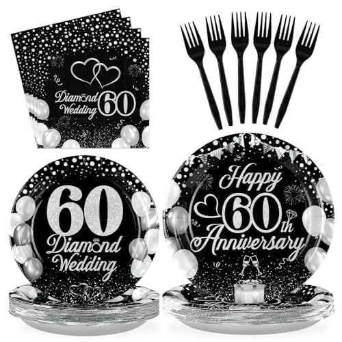96Pcs Anniversary Decorations 60th Wedding Anniversary Party Plates Disposable Black