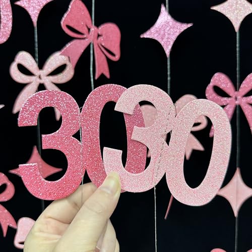 Image of Glitter Pink 30th Bow Birthday Decorations Hot Pink Conquette Bow Garland Streamer Banner Backdrop for Womens Happy 30th Birthday Dirty Thirty Cheers to 30 Years Old Anniversary Party Supplies