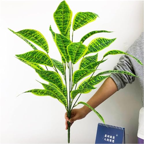 Image of Dekorly Artificial Plant Leaves Tropical Monstera Large Artificial Plants Fake Zebra Leaf Plastic Palm Tree Branch for Home Garden Decor | 26 Leaves (Green-B, Height : 76CM)